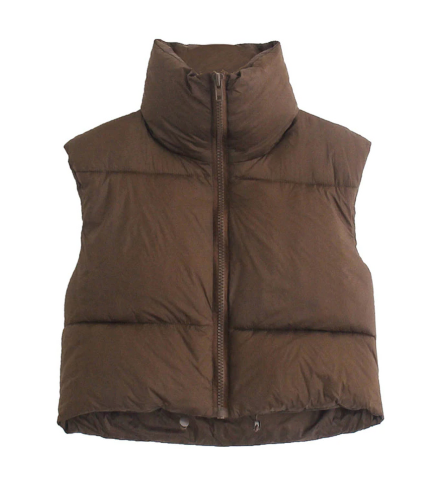 Cropped Puffer Vest in Brown